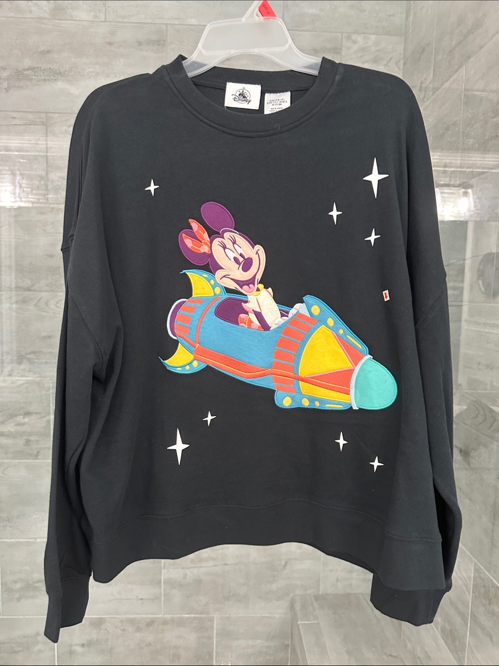 NEW Black Graphic ladies Sweatshirt with Colorful Rocket Minnie Print